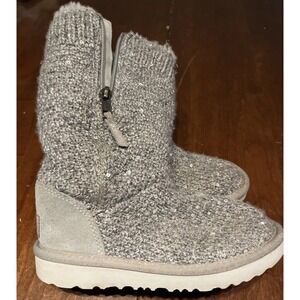 UGG Treadlite Silver Gray Sequin Knit Mid Calf Sweater Boots Shoes Kids Size 12